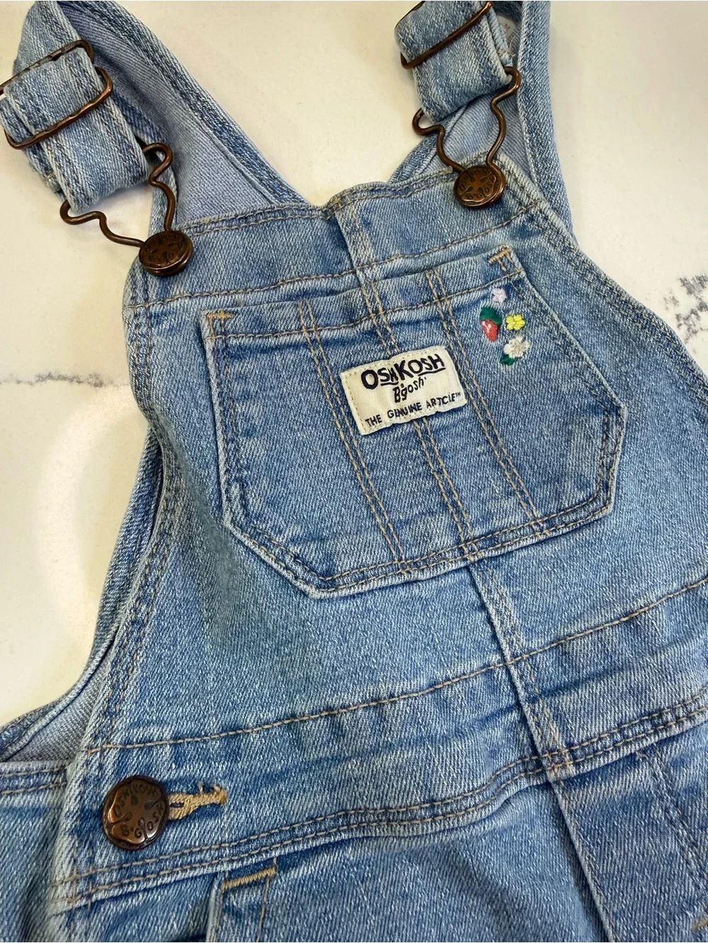 OshKosh B'gosh Denim Bib Overall Girls 18M Blue With Flowers